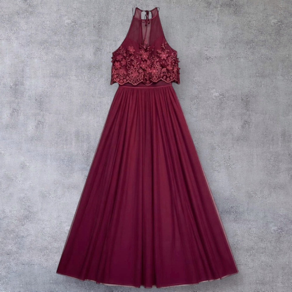 Vintage Y2K Prom Formal Burgundy Embroidered Tulle Gown Size 3/4